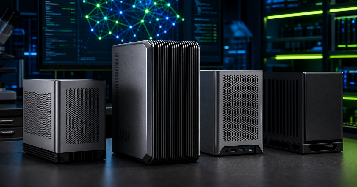 Compact metal AI workstations in a machine-learning lab with neural-network display