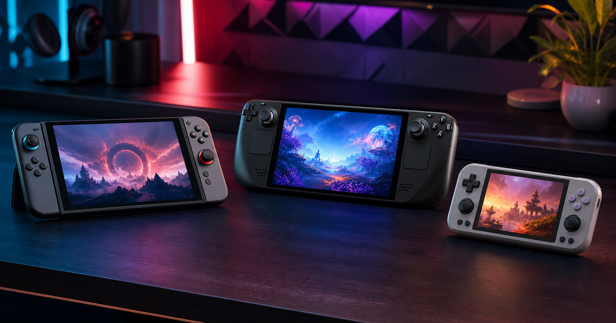 Modern console, PC and retro handheld gaming systems on a neon-lit desk