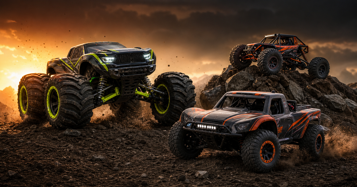 Remote-control monster trucks, short-course truck and rock crawler on a dirt course